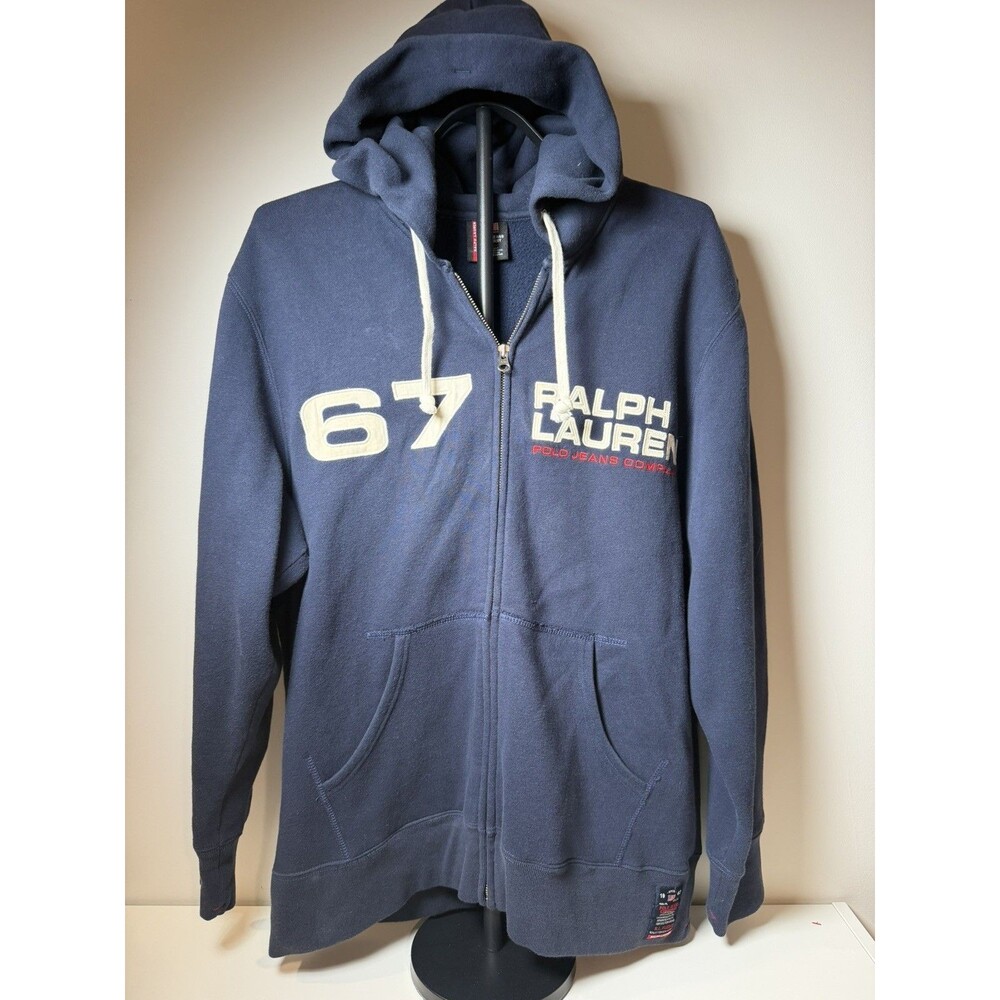 Vtg Polo Jeans Company Ralph Lauren RL 67 Sweatshirt Hoodie Zip Up Mens Sz Large